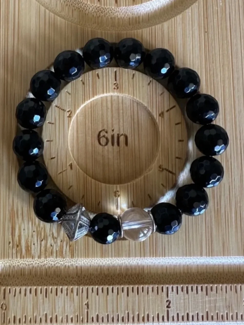 10mm Black Onyx Stretch Bracelet Silver Clear Quartz Pave Spacer